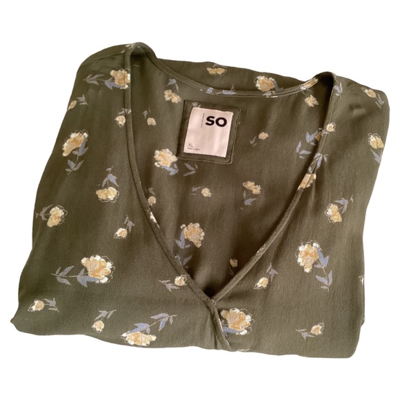 SO Side-Tie Faux-Wrap Ruffle Olive Green Floral V-Neck Long Sleeves Dress Sz XL - Picture 16 of 16